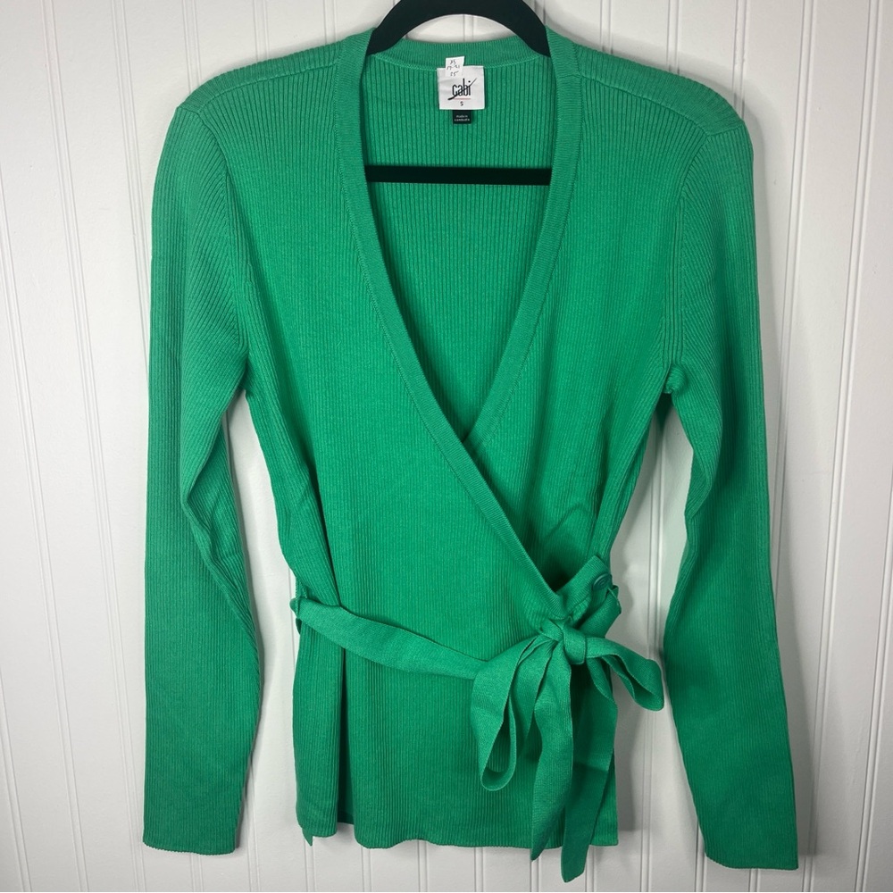 CAbi New Vibrant Green V-Neck Wrap Sweater Ribbed Cocktail Cardigan Long Sleeve - Picture 2 of 8